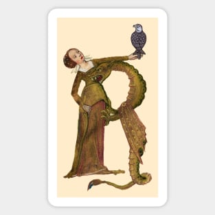 LADY DRAGON WITH FALCON R LETTER Medieval Miniature Sticker